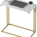 C Shaped End Table with Marble Top & Gold Frame - Narrow Side Table for Couch, Sofa or Bed - Compact Accent Tables Living Room | Multi-Space Small Tables for Office, Bedroom 24x12x25in(White)