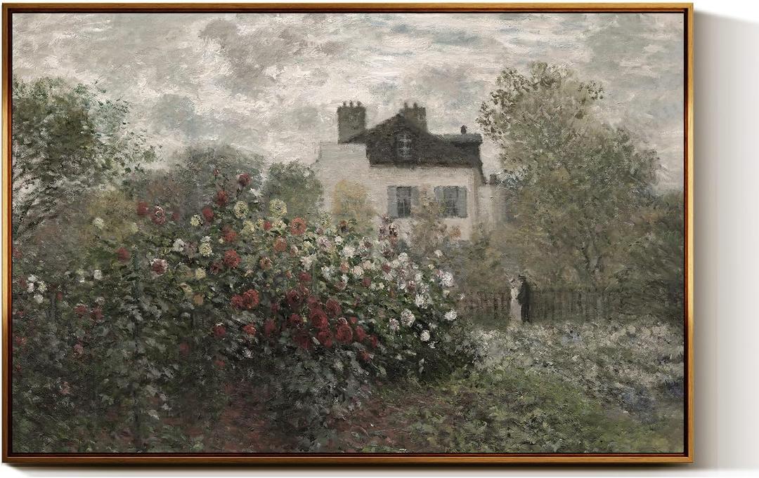 InSimSea Golden Framed Vintage Canvas Wall Art The Artist's Garden in Argenteuil Cottage 24x36inch, Rose Garden Muted Country Floral Landscape Painting Print, Rustic Countryside Farmhouse Decor