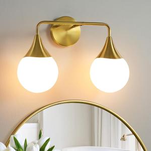 Bathroom Vanity Light Fixtures: 2-Light Mid Century Farmhouse Bathroom Lighting Fixtures Over Mirror - Brushed Gold Wall Sconce with Frosted Globe Glass for Hallway Restroom