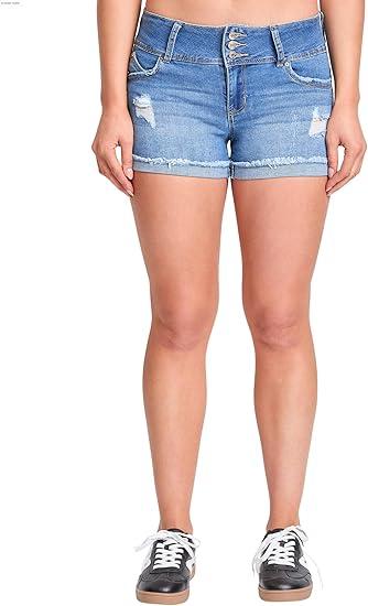 YMI Womens Junior Wannabettabutt 3-Button Mid-Rise Cuffed Hem Lightly Distressed Stretchy Denim Jean Shorts, 7 
