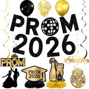 Prom Decorations 2026 - Prom 2026 Banner Hanging Swirls Centerpieces Balloons Prom Sign for Send Off Decor Graduation Party, Black Glitter