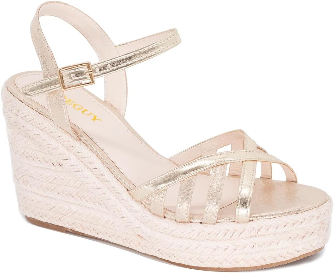 QDEGUY Platform High Heels Medium Width Comfortable Wedge Sandals for Women Dressy Espadrilles Wedding Summer (Gold,7)