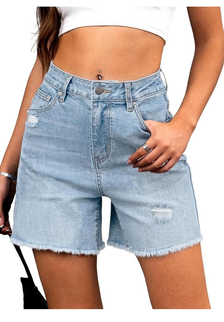 ELLEVEN Women’s Ripped Jean Shorts Trendy High Waisted Stretchy Denim Shorts Raw Hem Casual Wide Leg Mom Shorts, Size 14, Light Blue Denim  ELLEVEN Women’s Ripped Jean Shorts Trendy High Waisted Stretchy Denim Shorts Raw Hem Casual Wide Leg Mom Shorts, Size 14, Light Blue Denim