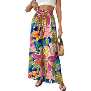 Verdusa Women's Hawaiian Tropical Beach Palazzo Pants Flowy Boho Summer Wide Leg Trousers (Large, Royal Blue)