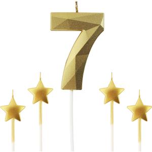 Golden Number 7 & Star 3D Diamond Shaped Birthday Candles - 2.76 inch, Suitable for Parties & Cake Decorations
