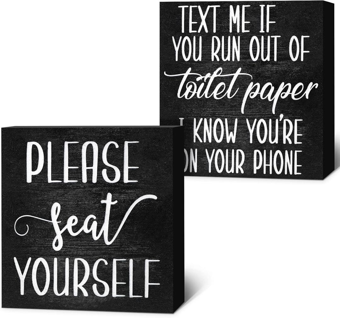 Jetec 2 Pieces Farmhouse Bathroom Signs Decor Wooden Box Sign Funny Bathroom Wall Art Rustic Wood Plaque Please Seat Yourself Decor for Home Restroom(Black)