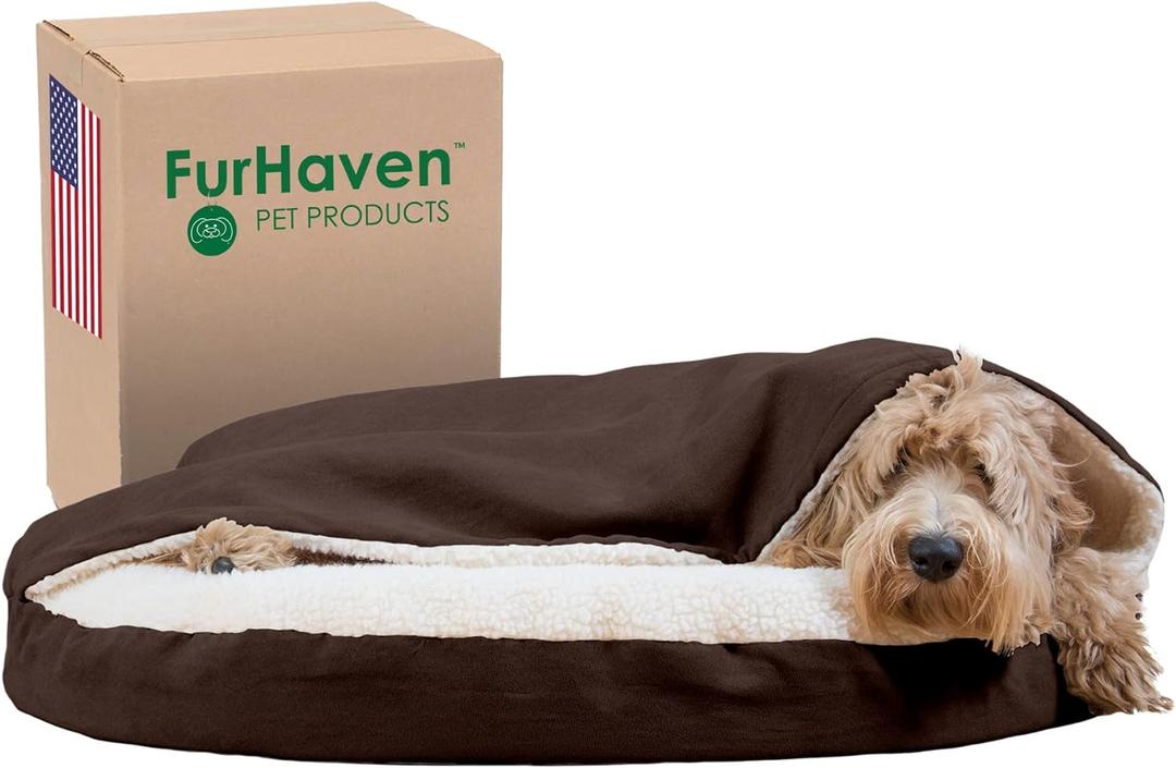 Furhaven 35" Round Orthopedic Dog Bed for Large/Medium Dogs w/ Removable Washable Cover, For Dogs Up to 50 lbs - Sherpa & Suede Snuggery - Espresso, 35-inch