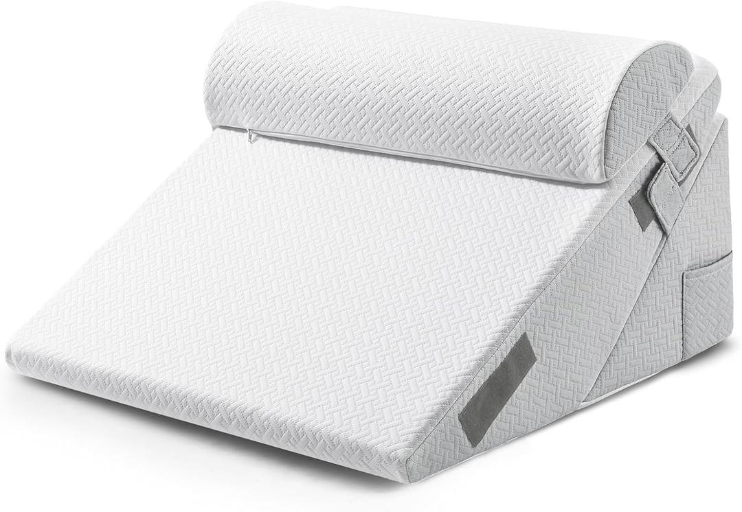 Sasttie Wedge Pillow Set for After Surgery, Adjustable Orthopedic Bed Wedge Pillow Set for After Surgery, Sleeping, Acid Reflux, Back Pain, and Recovery, Light Grey & White (12 Inch + Head Pillow)