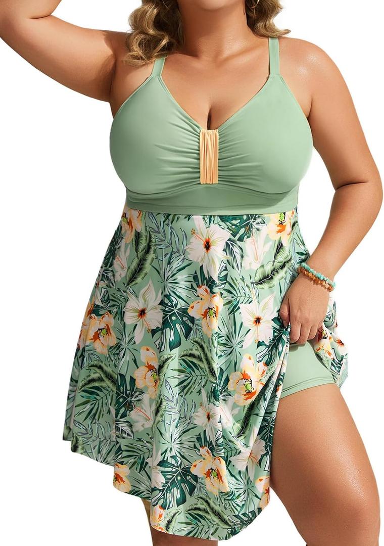 Hanna Nikole Womens Plus Size Swim Dress Swimsuit One Piece Tummy Control Bathing Suit Flowy Body Shaping Swimwear 18W