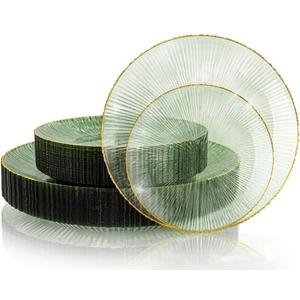 DaYammi 60Pcs Sage Green Plastic Plates with Gold Rim,Disposable Plates Set Includes 30 Dinner Plate & 30 Salad Plate,Fancy Green Party Plates with Radial Texture for Party Wedding Dinner
