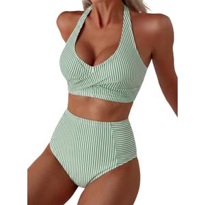 Herseas Women's High Waisted 2 Piece Bikini Sets Halter Patch Pocket Swimsuits Striped Bathing Suit Beach Swimwear 2026 (Medium)
