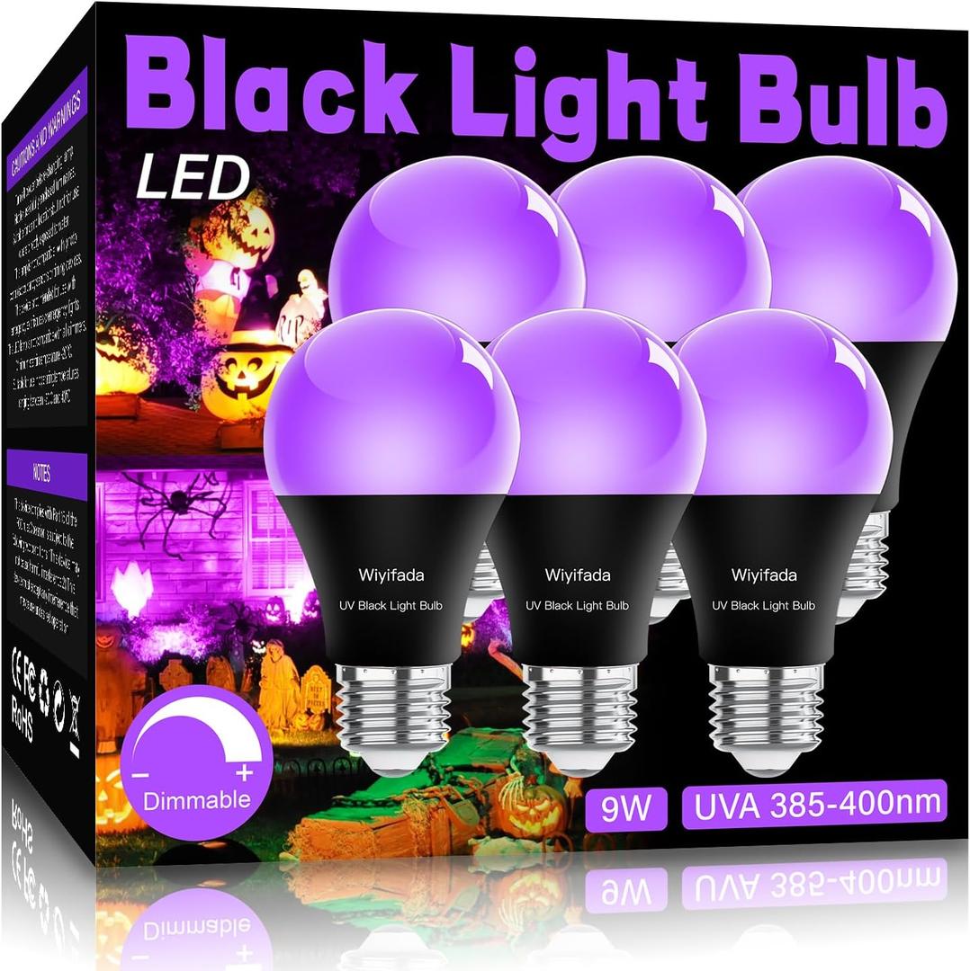 LED Black Light Bulbs 6 Pack, A19 9W UV Black Light Replace Up to 100W, 120V E26 Base UVA Level 385-400nm, Glow in The Dark for Body Pain, Blacklights Party, Halloween