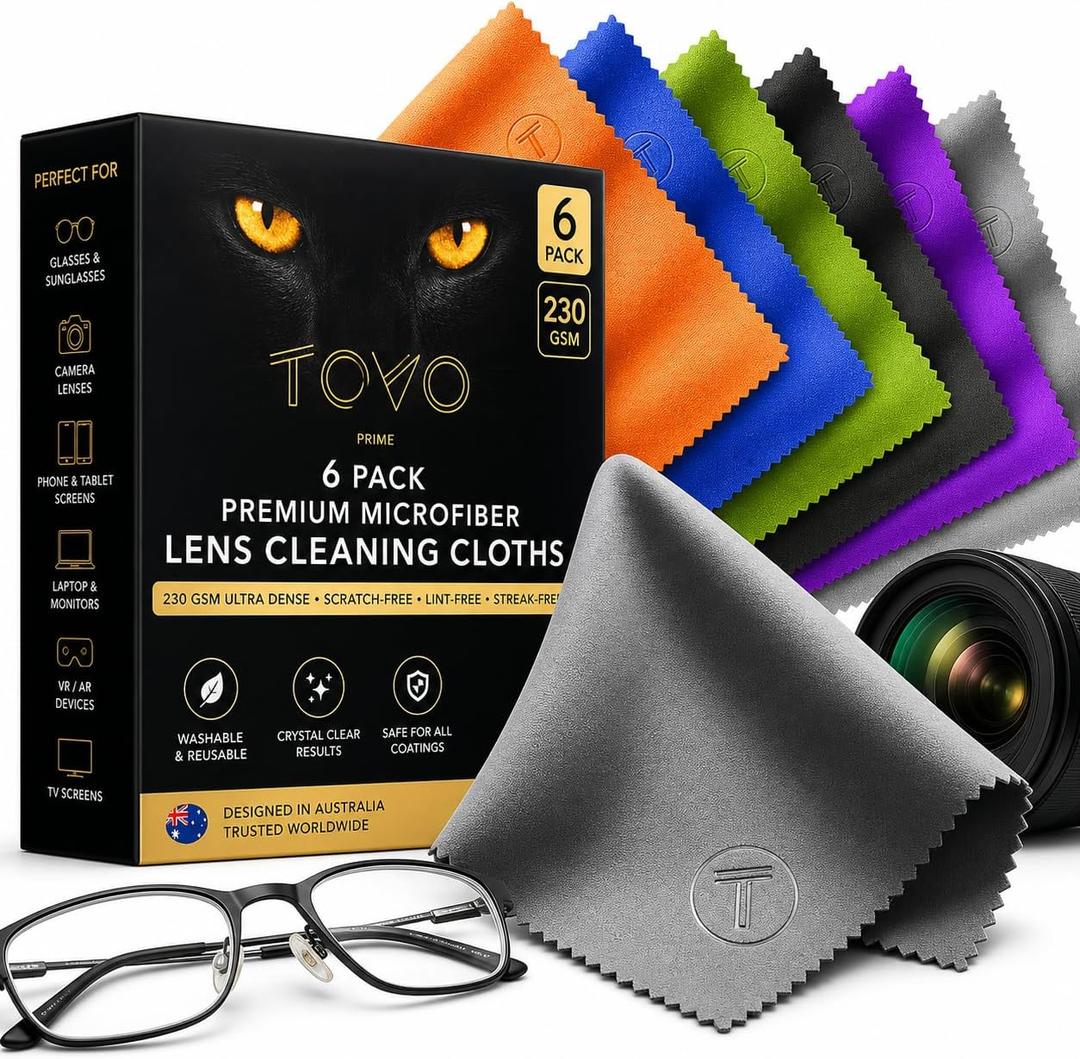 Microfiber Lens Cleaning Cloth for Glasses & Camera | 6 Packs, 6"x7", 230 GSM | Eyeglass Lens Cleaner | Glasses Cleaning Cloths | Screens, Tablet, Laptop & Headset | Eyeglass Cleaner | TOVO Prime
