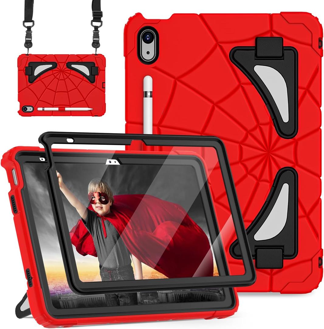 Case for iPad 10th Generation Case for Kids 10.9 Inch 2022 10th Gen/iPad A16 11th Generation 11 Inch 2025 Cover with Pen Holder Screen Protector Strap Kids Boys Thickned Cornor, Red Black