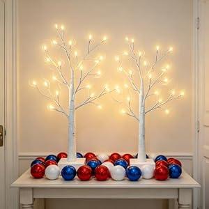 HipTree 2-Pack Lighted Patriotic Spring Mothers Day Christmas Tree Decorations Indoor, 2ft Birch Tree with LED Lights, Small Tabletop Easter Valentines Day Tree with Lights, Battery- Powered