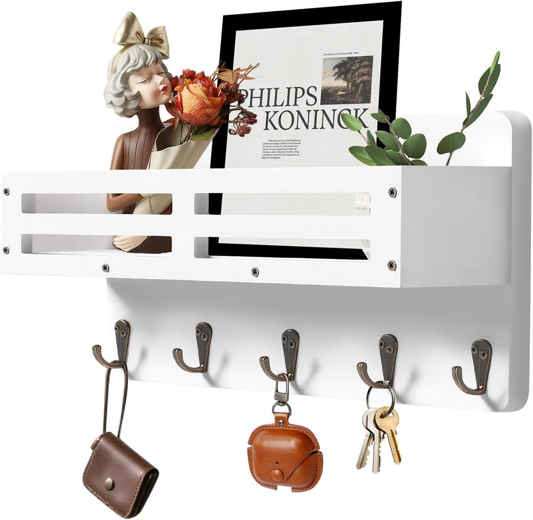 Key Holder Wall Mount Farmhouse Key Hooks for Wall with Mail Organizer Decorative Key Rack with 5 Sturdy Hooks for Dog Leash, Sunglasses, Rustic, Paulownia Key Hanger for Entryway