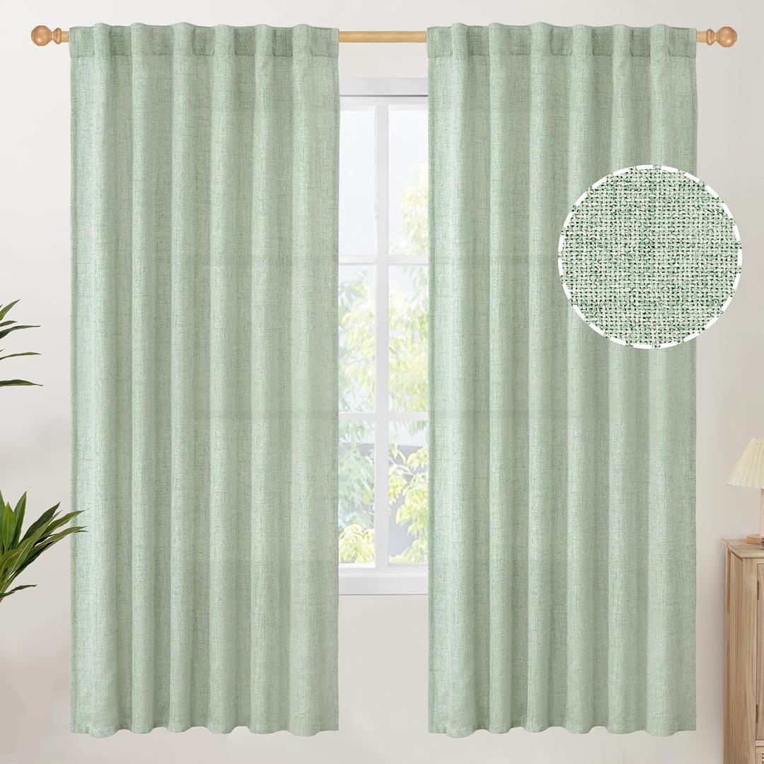 YoungsTex Sage Green Linen Curtains for Living Room 2 Panels, Semi Sheer Drapes Boho Light Filtering Window Treatments with Back Tab Rod Pocket for Spring Decor Dining Bedroom, 52 X 72 Inch