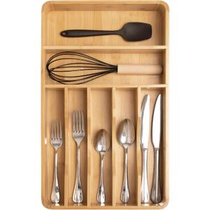 KitchenEdge Silverware Organizer - Cutlery, Flatware, and Utensil Holder for Kitchen Drawers, Fixed 10.5 Width, 7 Storage Compartments, Non-Slip Feet, Rounded Corners, 100% Bamboo