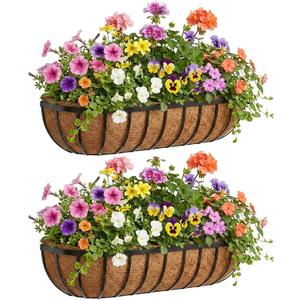 30 Inch Railing Planter Boxes 2 Pack Metal Window Box Planters with Coco Coir Liners, Horse Trough Planter with Adjustable Brackets for Deck Balcony Fence Porch Patio Outdoor Garden