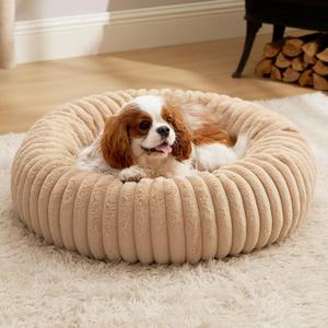 Bedsure ComfyFleece Donut Medium Dog Bed - Washable Faux Fur with Corduroy Fleece & Anti Slip Bottom, Round Pet Bed with Removable Cover, Sandy Beige, 30x30x8 inches