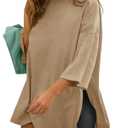 Fisoew Womens Oversized T Shirts Casual 3/4 Sleeve Side Slit Workout Gym Loose Fit Summer Tee Tunic Tops Apricot (Beige, S)