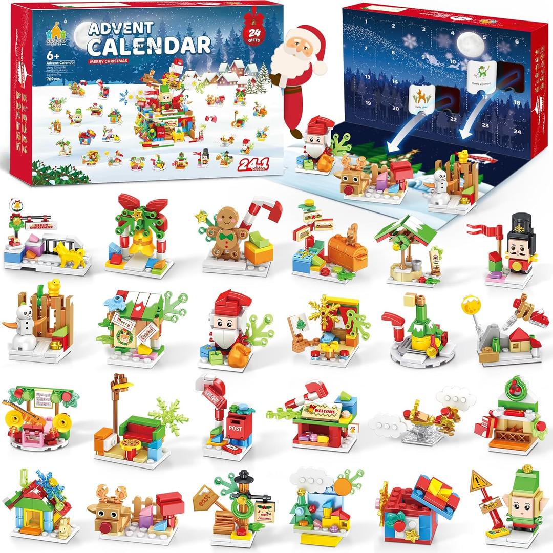 Santas Workshop Advent Calendar 2025 Building Set for Kids  24-in-1 Christmas Holiday Countdown Gift with 24 Days of Surprise Figures, Party Favors Building Block for Boys & Girls Ages 6+