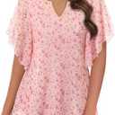 Furnex Women's Short Sleeve Tops Dressy Casual V Neck Double Layers Blouses Floral Mesh Tunics Tops L