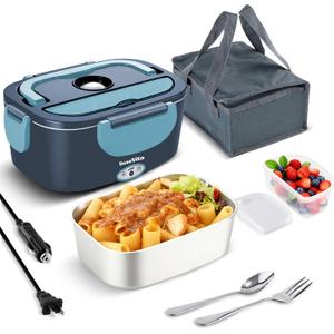 Electric Lunch Box for Adults - 80W Fast Heating, 12V/24V/110V, Dual Stainless Steel Containers, Portable for Car/Truck/Office/Outdoor (blue)