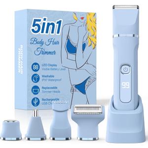 Bikini Trimmer for Women,5-in-1 Electric Razors for Women,IPX7 Waterproof Trimmer with 5 Replaceable Blade HeadsBlue