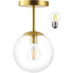 Mid Century Modern Globe Semi Flush Mount Ceiling Light Fixture, Clear Glass with Gold Brass Finish,1-Light Sphere Glass Pendant Lights for Aisle Porch Stairway Closet Kitchen Laundry Room(Bulb Incl.) (6 inch)