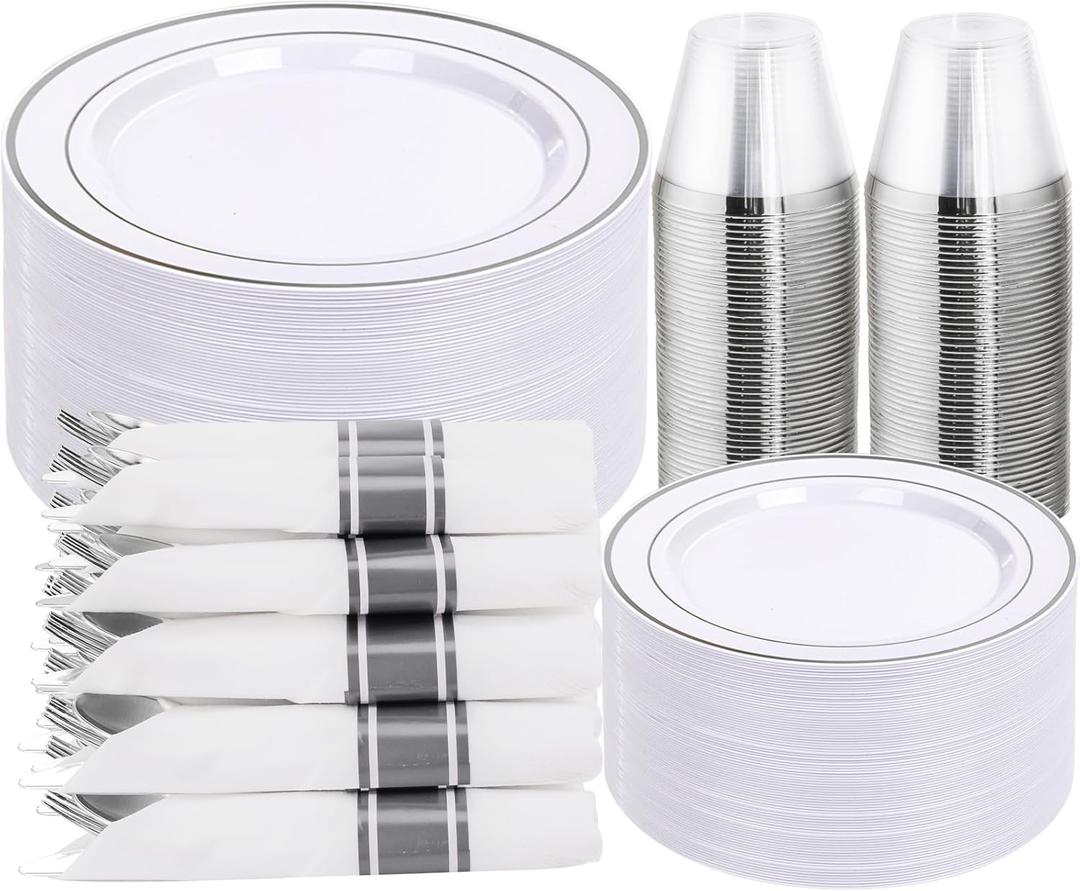 DaYammi 350PCS Silver Plastic Dinnerware Set for 50 Guests, Fancy Disposable Plates for Party, Include: 50 Dinner Plates, 50 Dessert Plates, 50 Pre Rolled Napkins with Silver Silverware, 50 Cups
