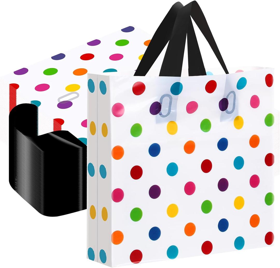 Honeydak 48 Pieces Colorful Rainbow Gift Bags Polka Dot Plastic Shopping Bags with Handle 10 x 13'' for Small Bussiness Merchandise