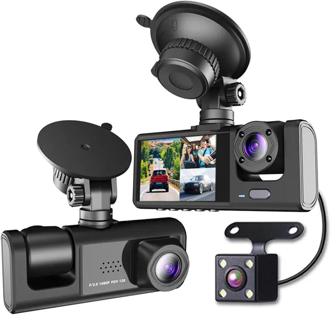 1080P Dash Camera for Car,3 Channel Front and Rear Inside Dashcam Car Video Recorder,170°Wide Angle Vehicle Cam with 32G Card,G-Sensor,2’’ IPS Screen,Loop Recording (3 Channel Dash Cam Without Card)