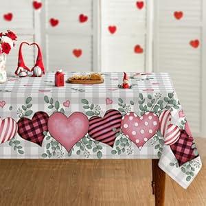 Horaldaily Valentine's Day Tablecloth 60×84 Inch Rectangle, Buffalo Plaid Pink Love Hearts Washable Table Cover for Party Picnic Dinner Decor