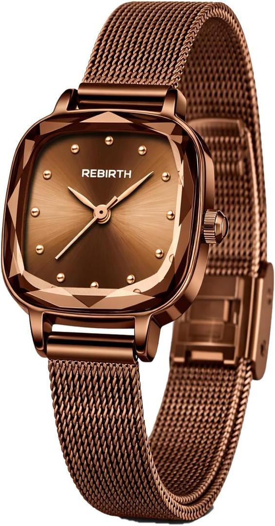Reginald Women's Square Dress Watch with Mesh Band â€“ Elegant Quartz Watch for Women, Faceted Crystal Case, Minimalist Dial, Adjustable Stainless Steel Bracelet (Coffee Gold)