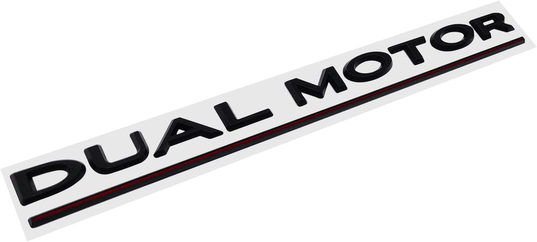 Dual Motor Emblem Badge Sticker Plaid Decor Letters Compatible with Tesla Model 3 Y X S Accessories (Matte Black-Red Line)