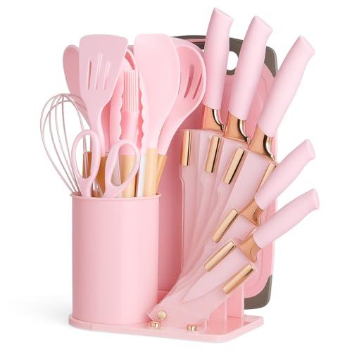 DANFFI 19-Piece Pink Kitchen Utensil Set – Silicone Cooking Tools with Wooden Handles, Non-Stick & Heat Resistant, Includes Knives, Scissors & Cutting Board – BPA-Free Kitchen Accessories