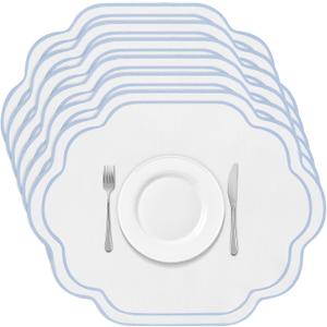 Breling 6Pcs Blue Cotton Wedding Placemats Scalloped Embroidered Placemats 17" x 13" Double Layered Machine Washable Table Place Mat for Party Table Decor