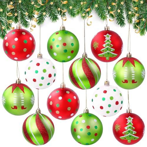 2 x Celltestria 12pcs Christmas Balls Ornament 3.15 Inch Red Green Glittering Hanging Christmas Balls for Tree Decoration Swirl Polka Dots Christmas Tree Baubles for Home Indoor Holiday Party Decor