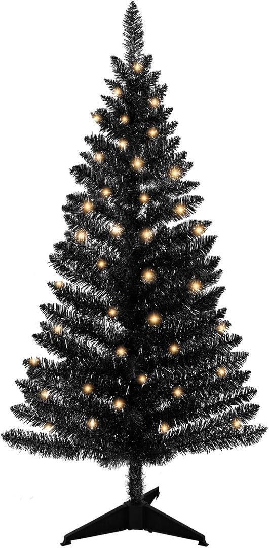 4ft Lighted Artificial Black Christmas Tree, Not Pre-lit Black Tinsel Pine Trees with Lights, Ideal for Ideal for Home, Office, and Xmas Party Décor - Includes Stand