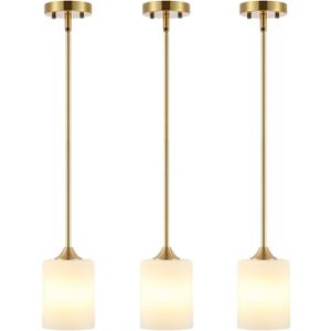 BYOLIIMA Modern Gold Pendant Light 3 Pack Brushed Brass Mid Century Chandelier White Cylinder Glass Shades Adjustable Rods Farmhouse Ceiling Hanging Lighting Fixture Kitchen Island Dining Room Bedroom