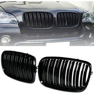 Front Bumper Kidney Grille Grill Glossy Black Compatible with 2007-2014 BMW X5 E70 X6 E71 Dual Slat Double Line