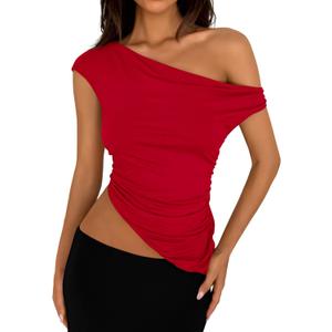 PRETTYGARDEN Womens 2026 Summer Off The Shoulder Crop Tops Sleeveless One Shoulder Ruched Asymmetrical Y2K Going Out Tank Top (Red, S)