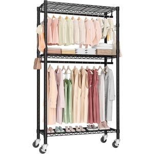 Heavy Duty Rolling Clothes Rack 3 Tiers, Metal Clothing Rack with Wheels, Adjustable Double Garment Rack, Closet Organizer System with 23.6" W x 15.7" D x 76" H, Max Load 400Lbs (Black)