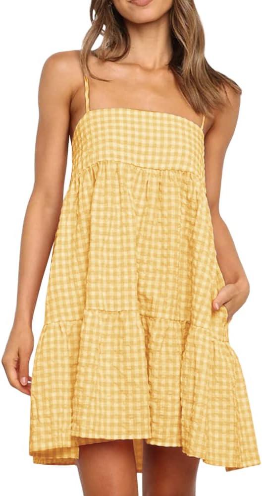 Womens Plaid A-line Dresses Shoulder Straps Ruffle Hem Casual Mini Dress with Side Pocket (Yellow, M)