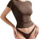 SUUKSESS Women Fitted Basic Tee Cotton Ribbed Crew Neck Summer Short Sleeve Y2K Crop Top (Brown, XS)