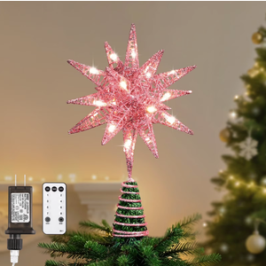Lewondr Christmas Star Tree Topper, 11 Inch 3D Geometric Moravian Lighted Star Tree topper with Timer Function, Plugged Remote Control Treetop for Home Christmas Decoration,Pink