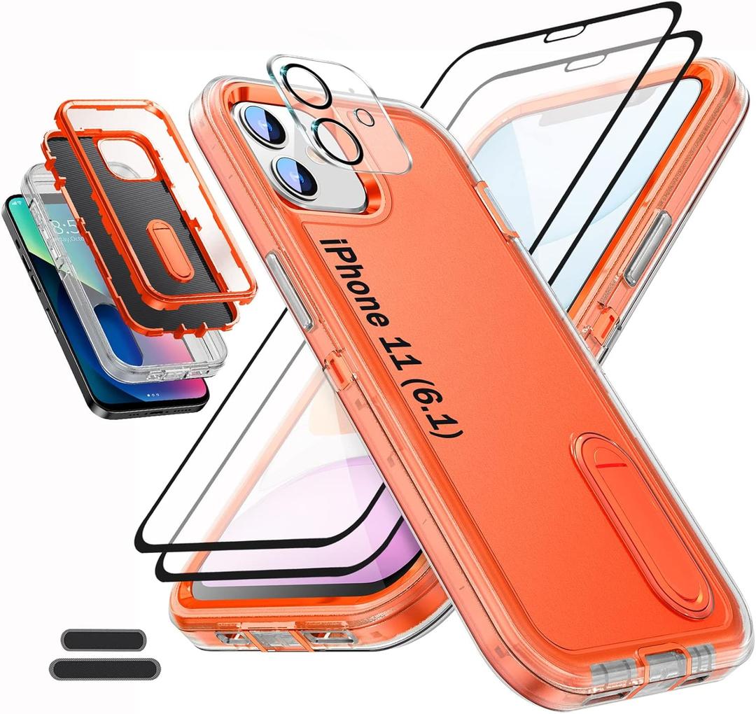 Case is Specially Designed for iPhone 11 6.1 Inch, Full Body Protection Heavy Duty Shock Absorbing 3 in 1 Silicone Rubber Built-in Stand with 2 Tempered Screen Protectors-Orange/Clear
