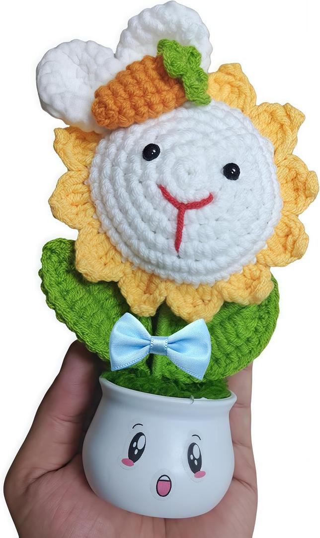Handmade Crochet Bunny Sunflower Planter-Mini Desktop Floral Decor with Removable Bow & Emoji Stickers