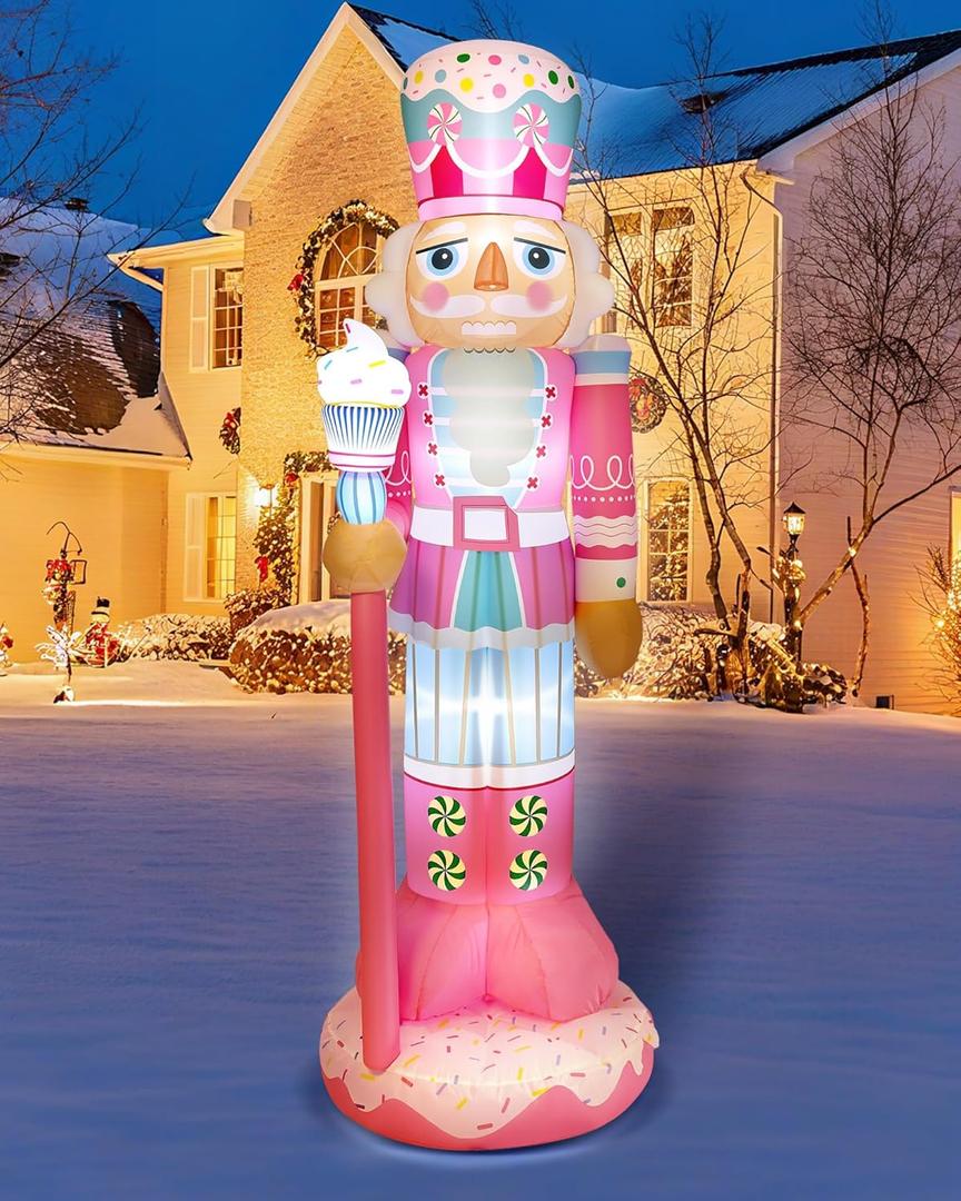 Geyoga 8FT Christmas Inflatable Outdoor Decoration Pink Nutcracker Hold Cake Cane Blow Up with LED Lights Inflatable Nutcracker Yard Decor for Xmas Decorations Outdoor Indoor Xmas Gifts